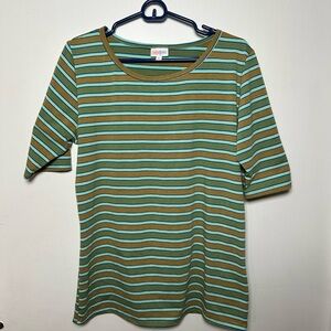 LuLaRoe Green and Brown Striped Short Sleeve Top